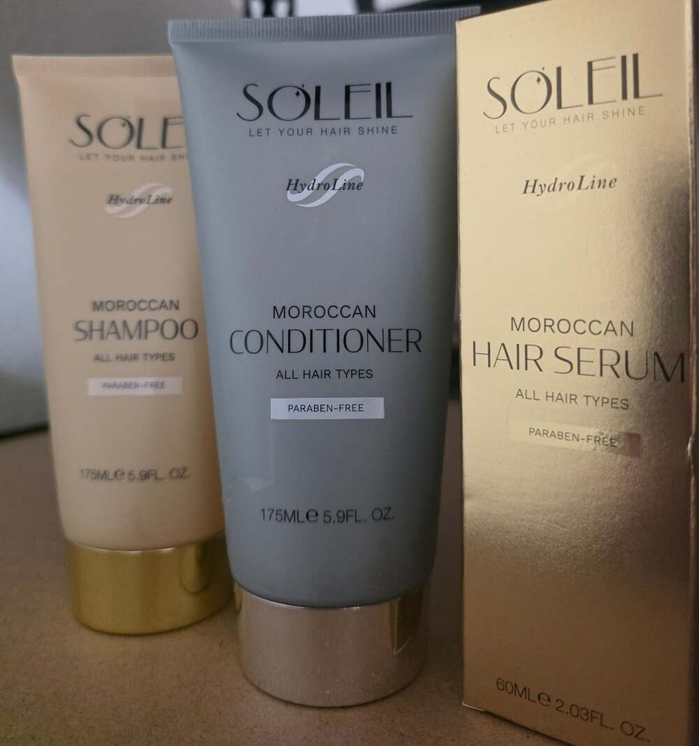 Soleil HydroLine Moroccan Hair Care Set - Shampoo, Conditioner, and Hair Serum
